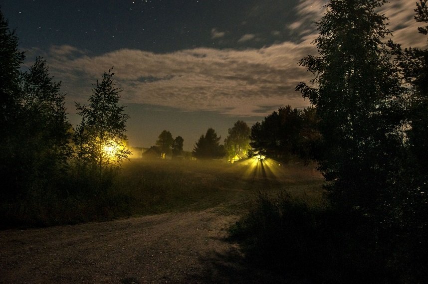 фонари, туман, деревня